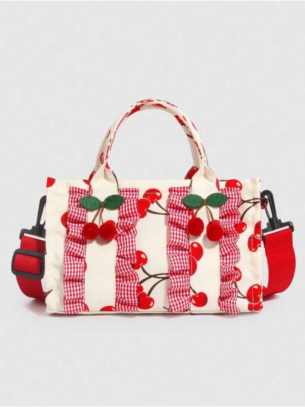 Canvas Cherry-Print Tote with Red Accents